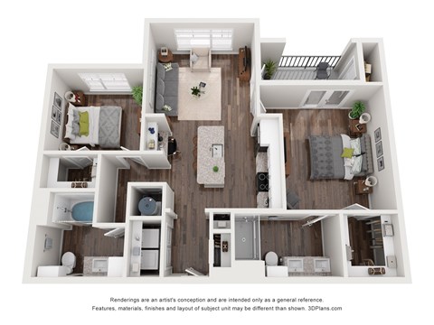 Floor plan for 2 beds, 2 baths, 1074 sqft
